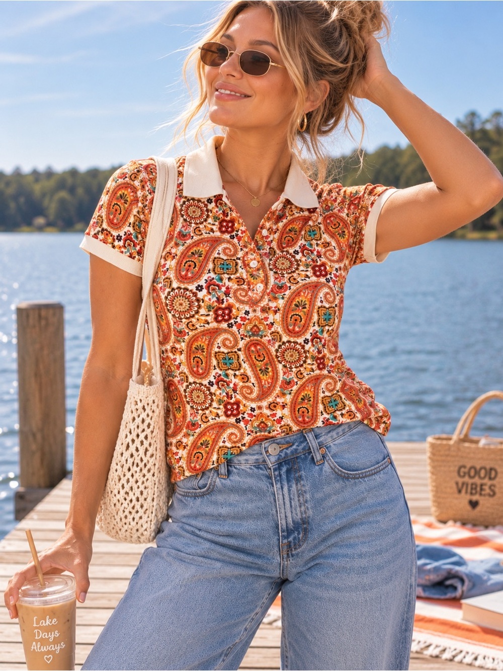 Paisley Polo Shirt Women’s Small Y2K Retro Orange Boho Preppy Land’s End Small